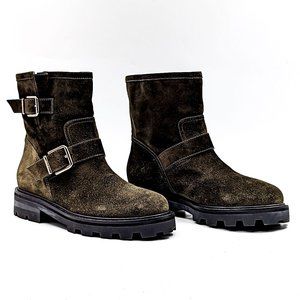 Jimmy Choo Wmn Youth II Buc Moto Biker Green Distressed Suede Boots 9.5 EUR 39.5